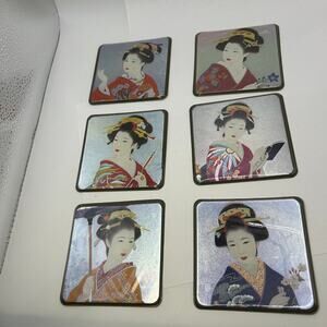 Japan Asahi Beautiful Japanese Kimono Geisha Coaster Set Vinyl original box